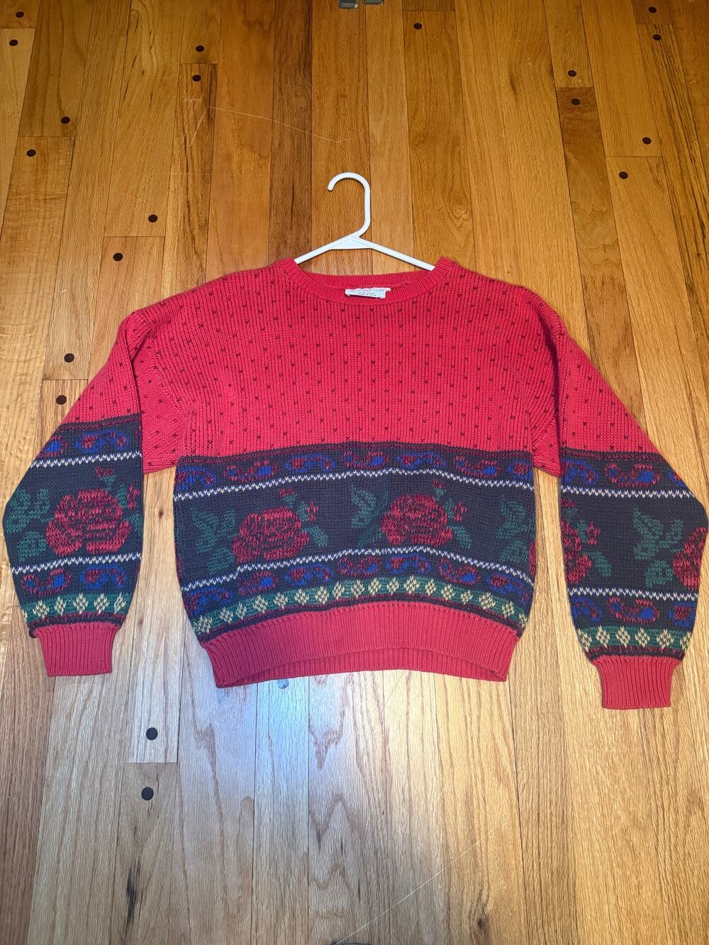 Vintage Sweater Loft Red Rose Floral Cotton Knit Sweater Womens S Made USA 90s